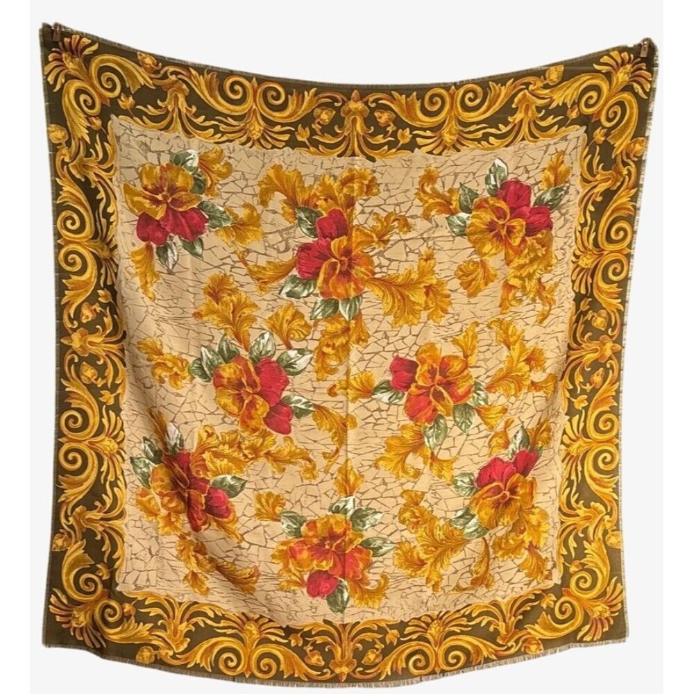 Vintage Lightweight Floral Wool Scarf With Bold Patterns & Vibrant Colors -‎ 56"